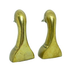 Pair of Vintage Polished Cast Brass Duck Bookends, circa 1950