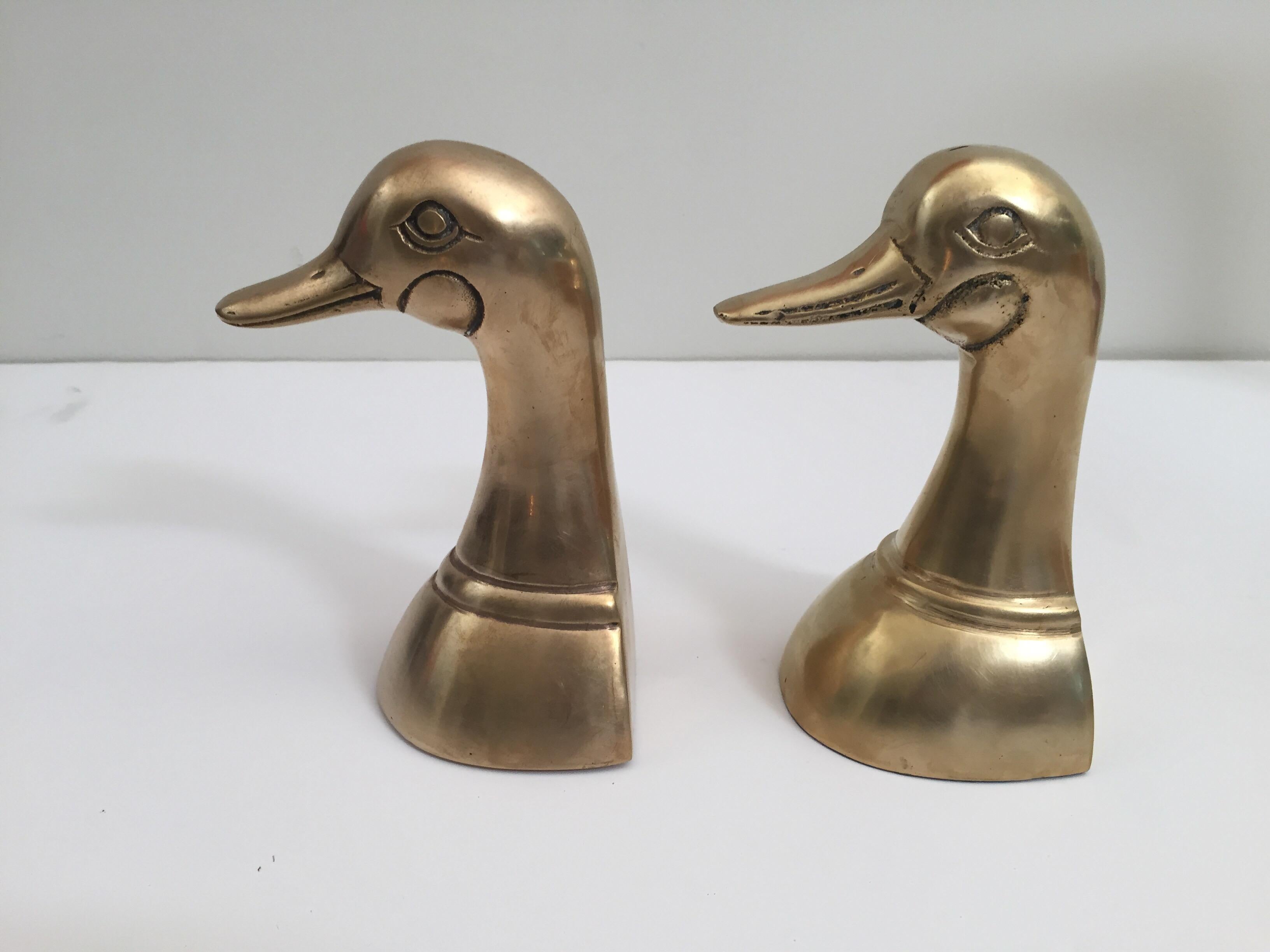 American Craftsman Pair of Vintage Polished Cast Brass Duck Bookends, circa 1950