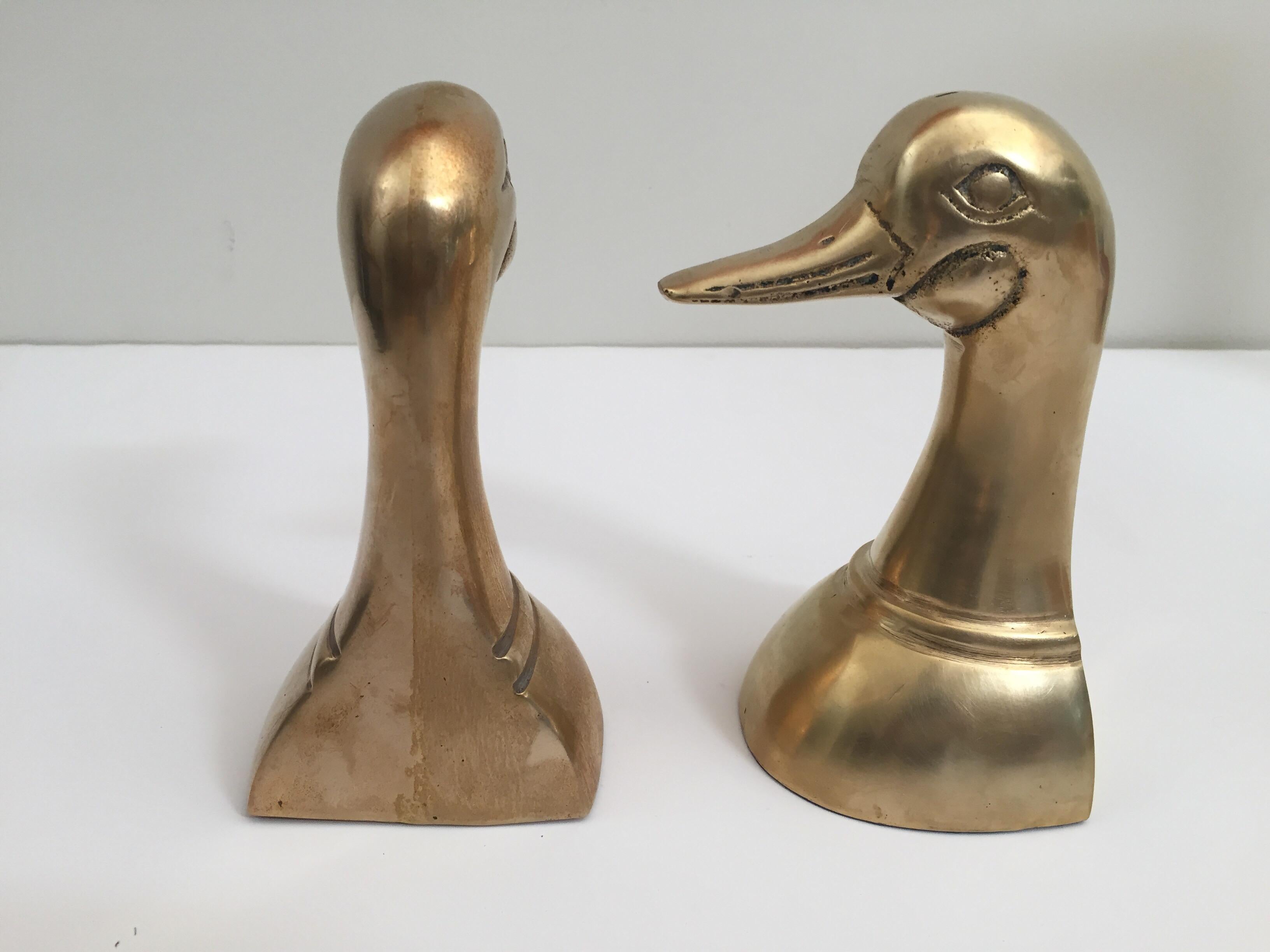 American Pair of Vintage Polished Cast Brass Duck Bookends, circa 1950