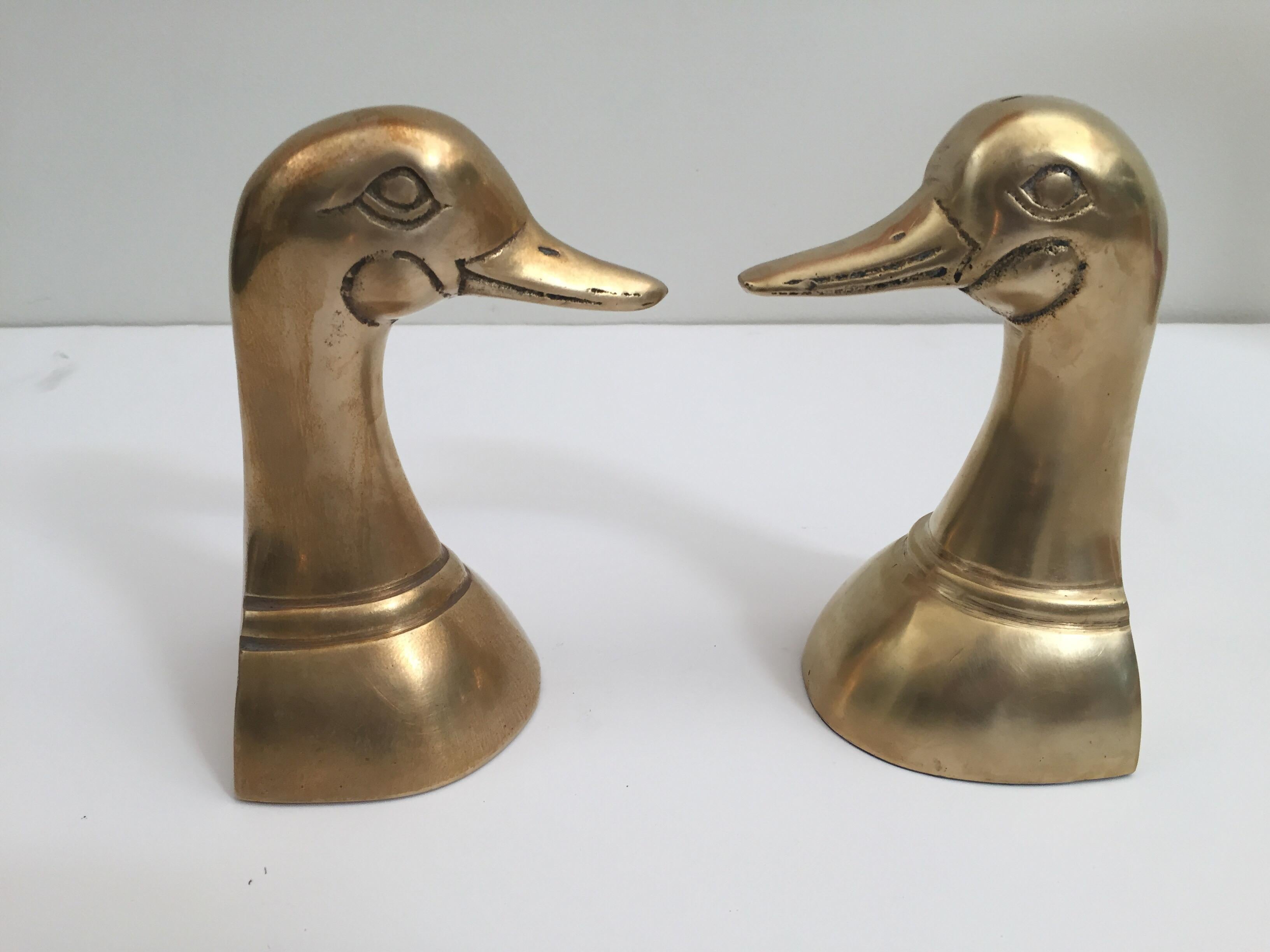 Pair of Vintage Polished Cast Brass Duck Bookends, circa 1950 In Good Condition In North Hollywood, CA