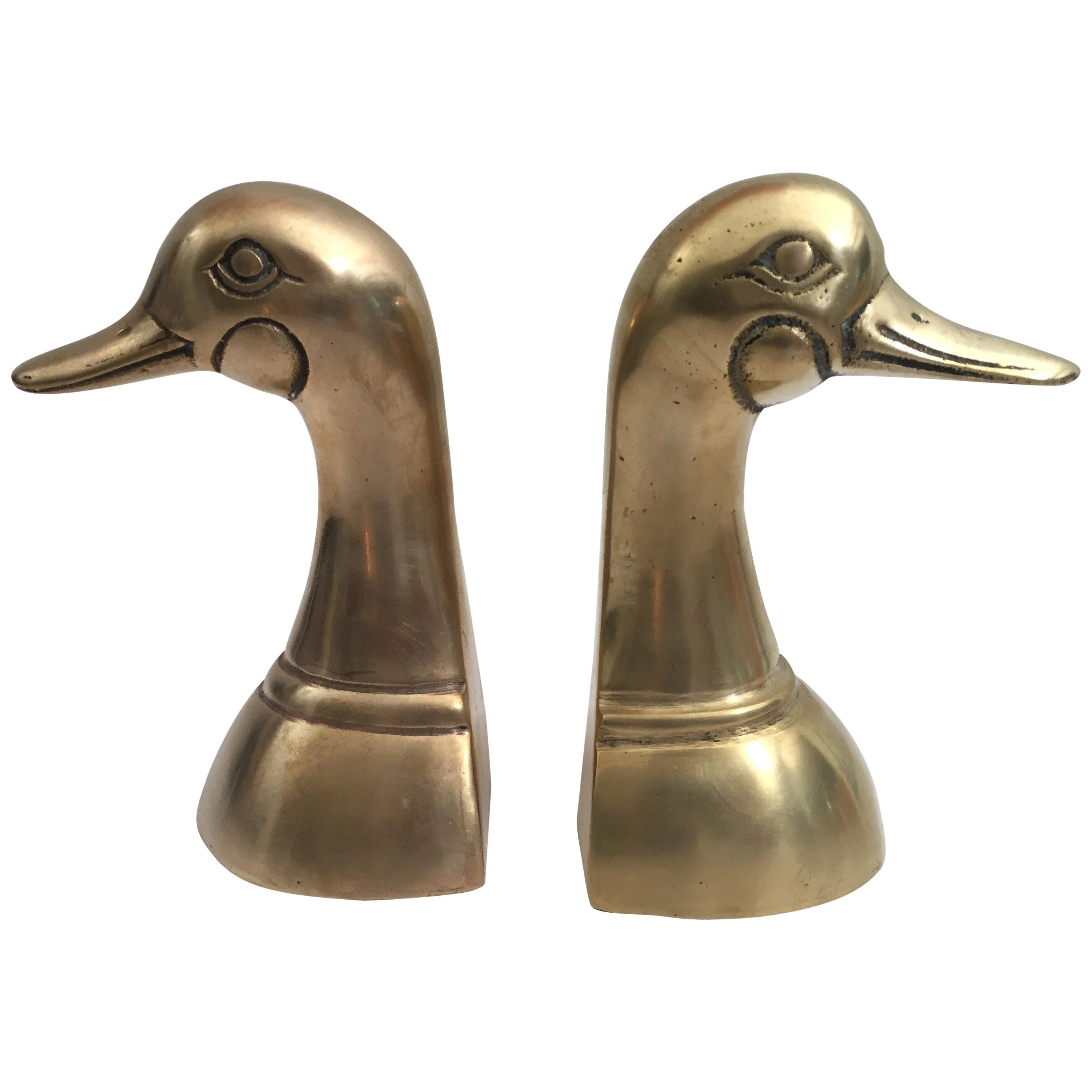 Pair of Vintage Polished Cast Brass Duck Bookends, circa 1950.