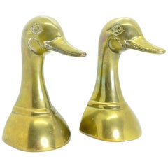 Vintage Heavy Brass Duck Head Bookends Pair, 1950s Duck Book Ends