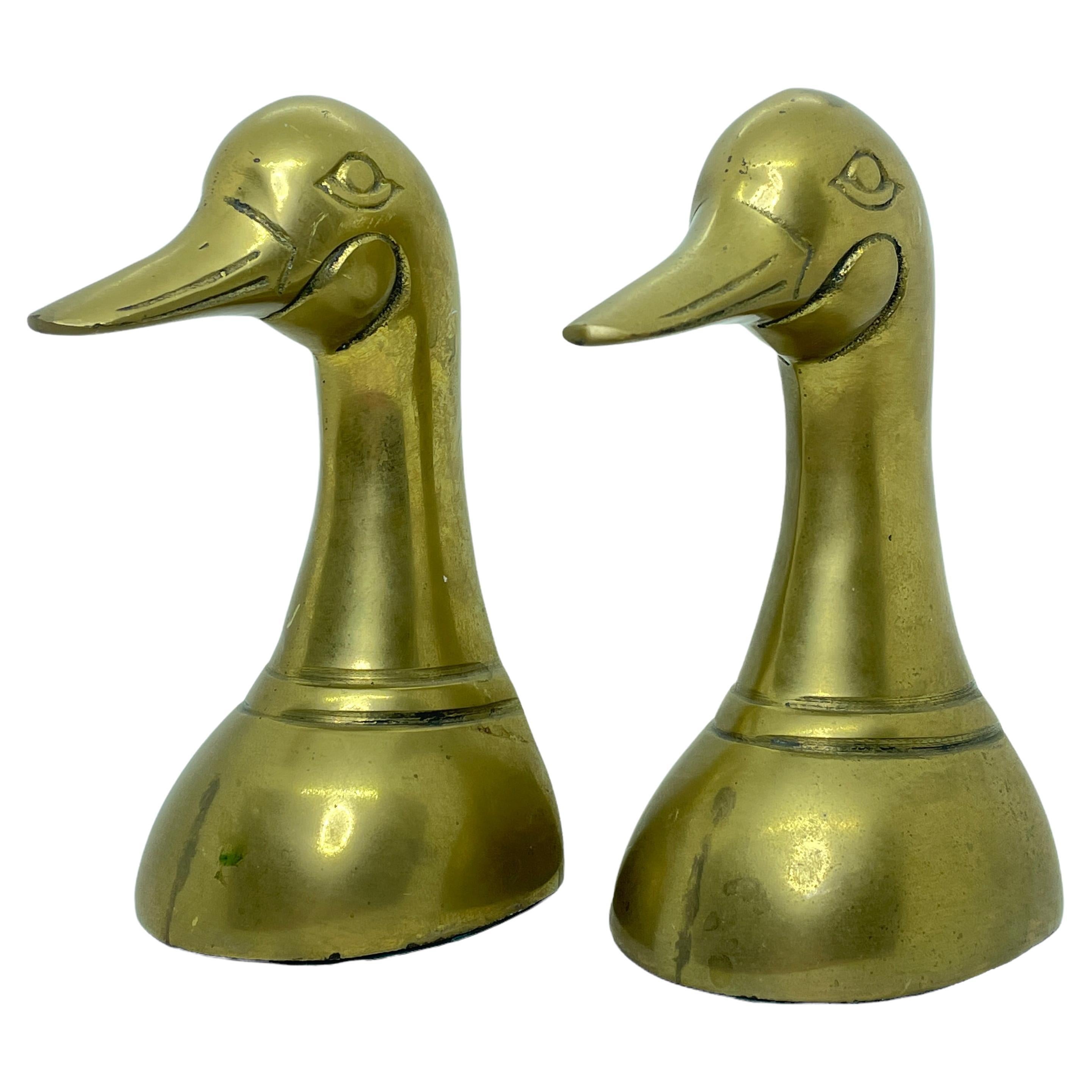 Pair of Vintage Polished Cast Brass Duck Bookends, circa 1950 For Sale