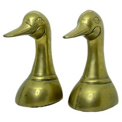 Pair of Vintage Polished Cast Brass Duck Bookends, circa 1950