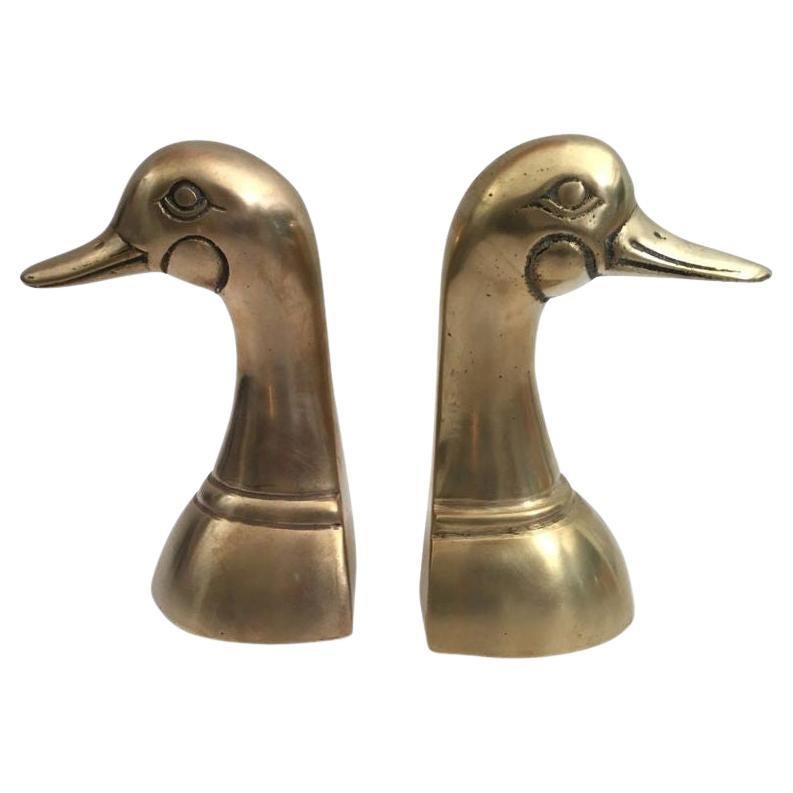 Pair of Vintage Polished Cast Brass Duck Bookends, circa 1950 For Sale