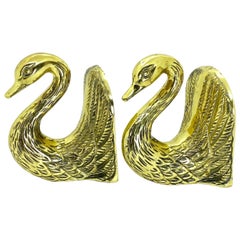 Pair of Vintage Polished Cast Brass Swan Bookends, circa 1950