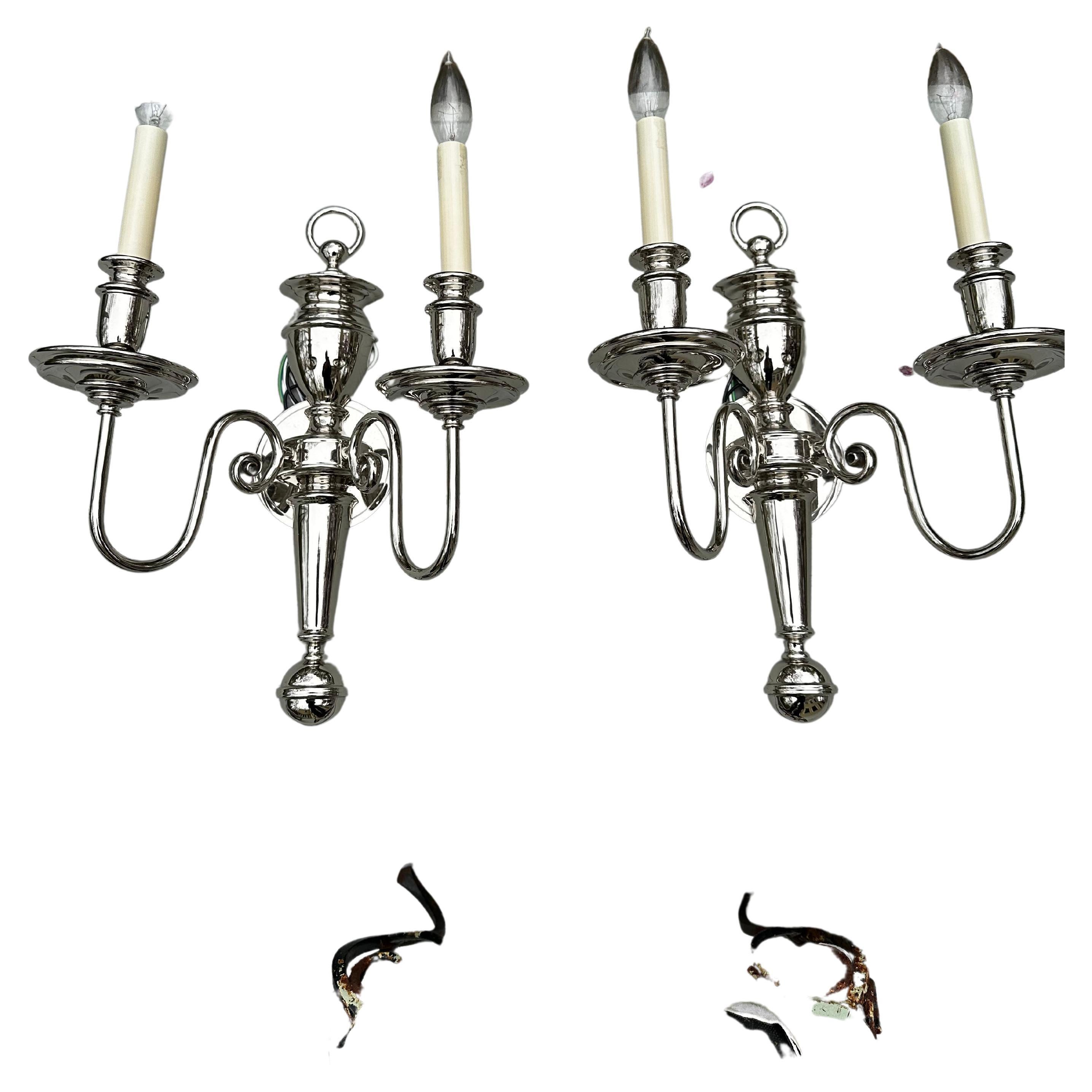 Vintage two light pair of Bradley and Hubbard nickel and crystal wall