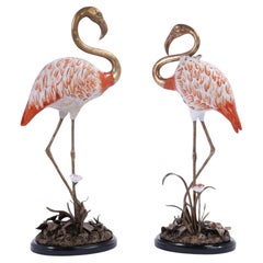 Pair of Vintage Porcelain and Bronze Flamingos or Birds