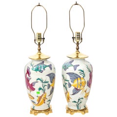 Pair of Vintage Porcelain Crackle Glaze Tropical Fish Motif Lamps