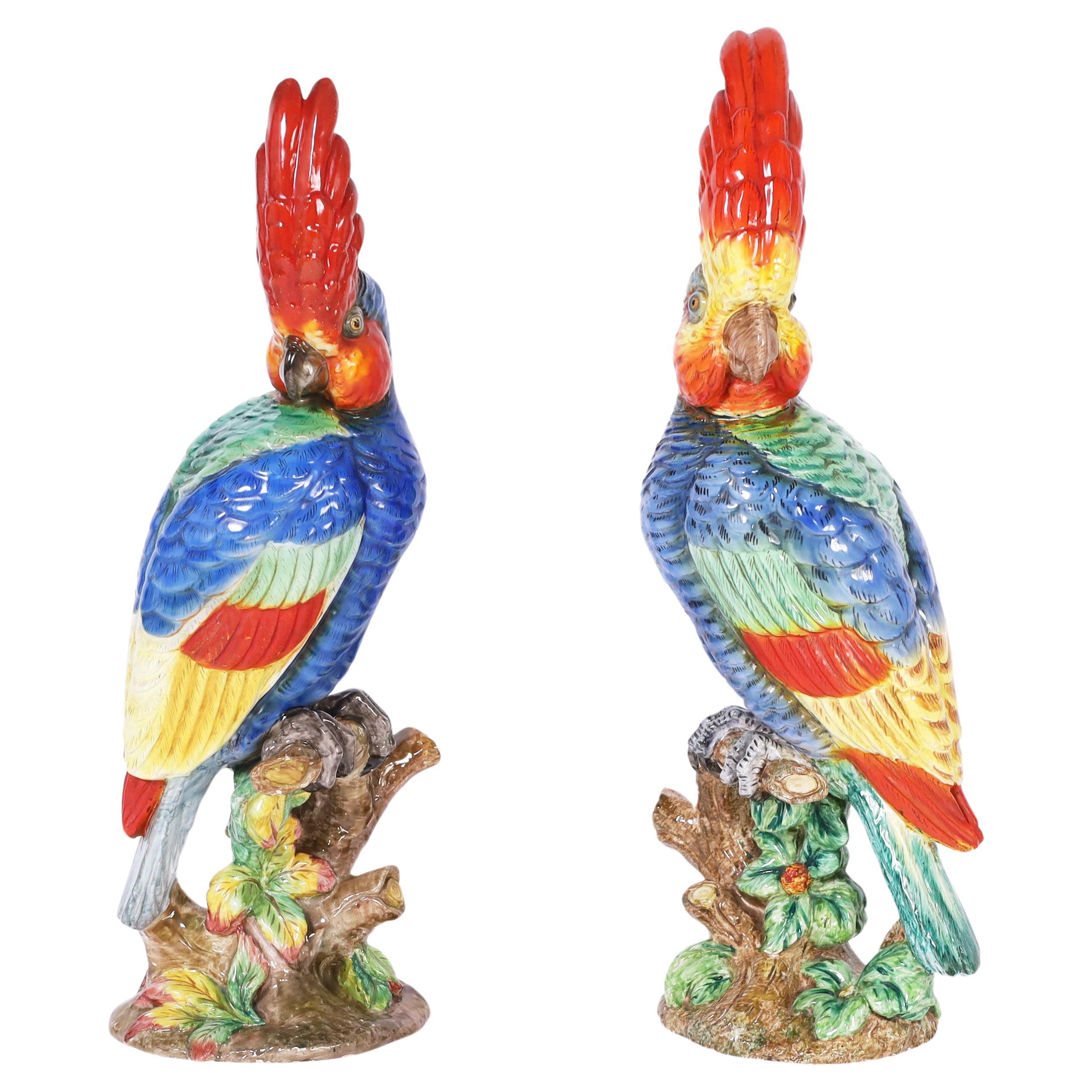 Pair of Vintage Porcelain Parrots by Ugo Zaccagnini For Sale