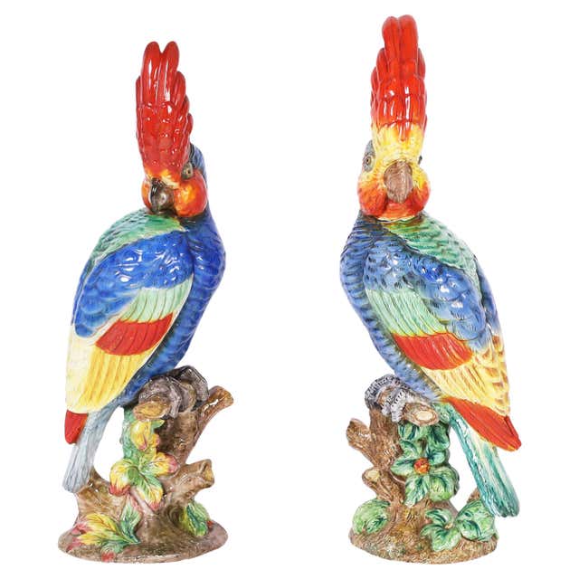 Mid-Century Chinese Export Porcelain Parrot Candlesticks on Gilt Bronze ...