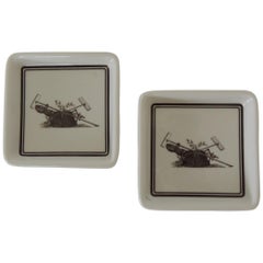Pair of Vintage Porcelain Square Black and White Coasters with Garden Scene