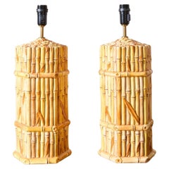Pair of Vintage pottery bamboo table lamps