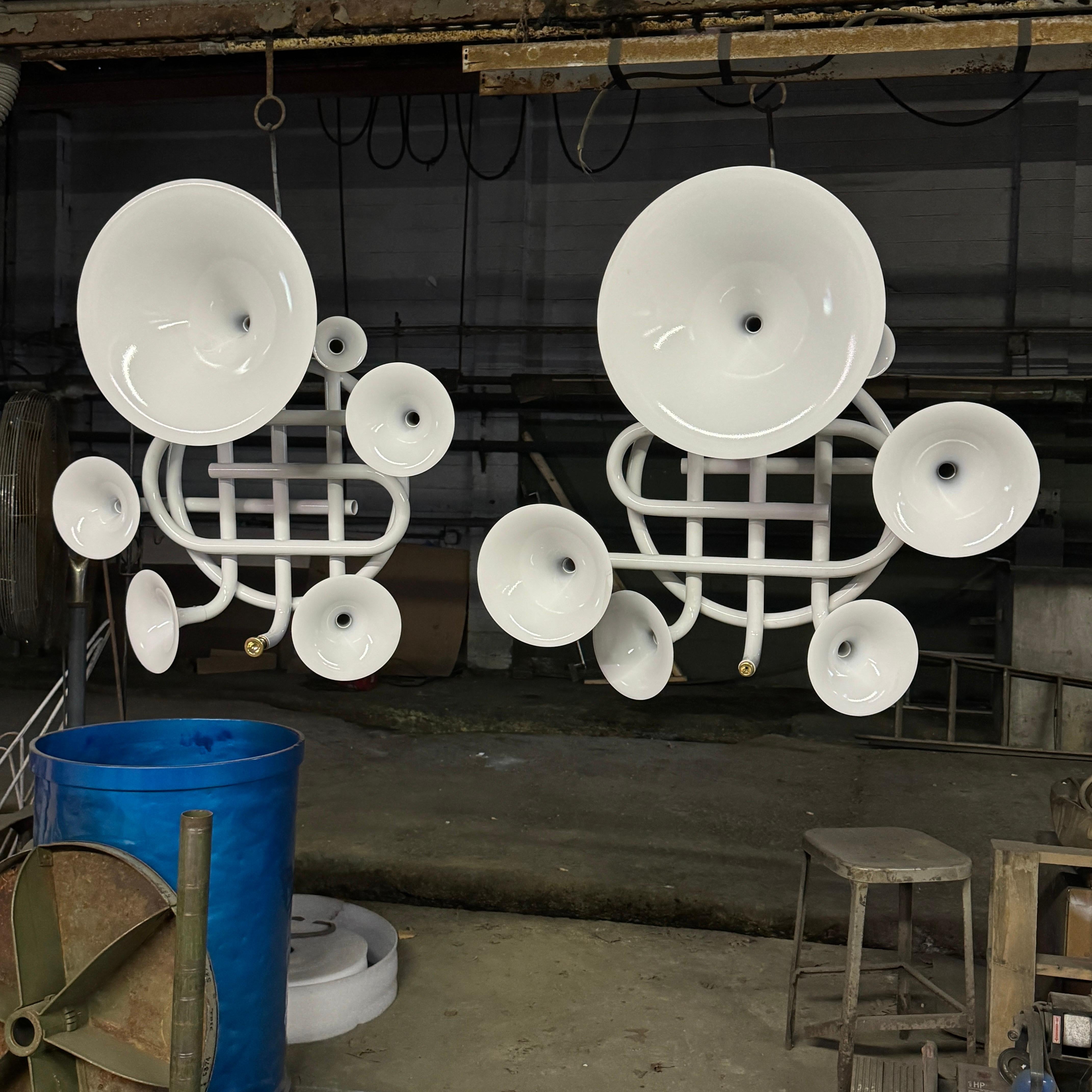 Decorate a music studio, den or office with these one-of-a-kind versatile powder-coated sculptural wall instruments consisting of tubas, trumpets and bassoons. This set would be a wonderful focal point in a home as well as a bar or restaurant