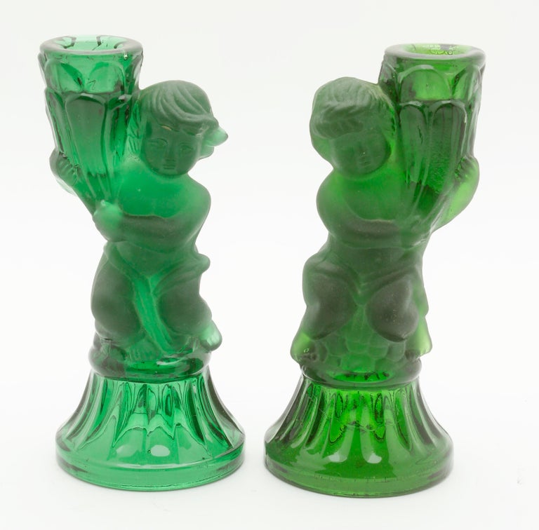 Pair of Vintage Pressed Glass Candle Holders with Figural Cherubs For