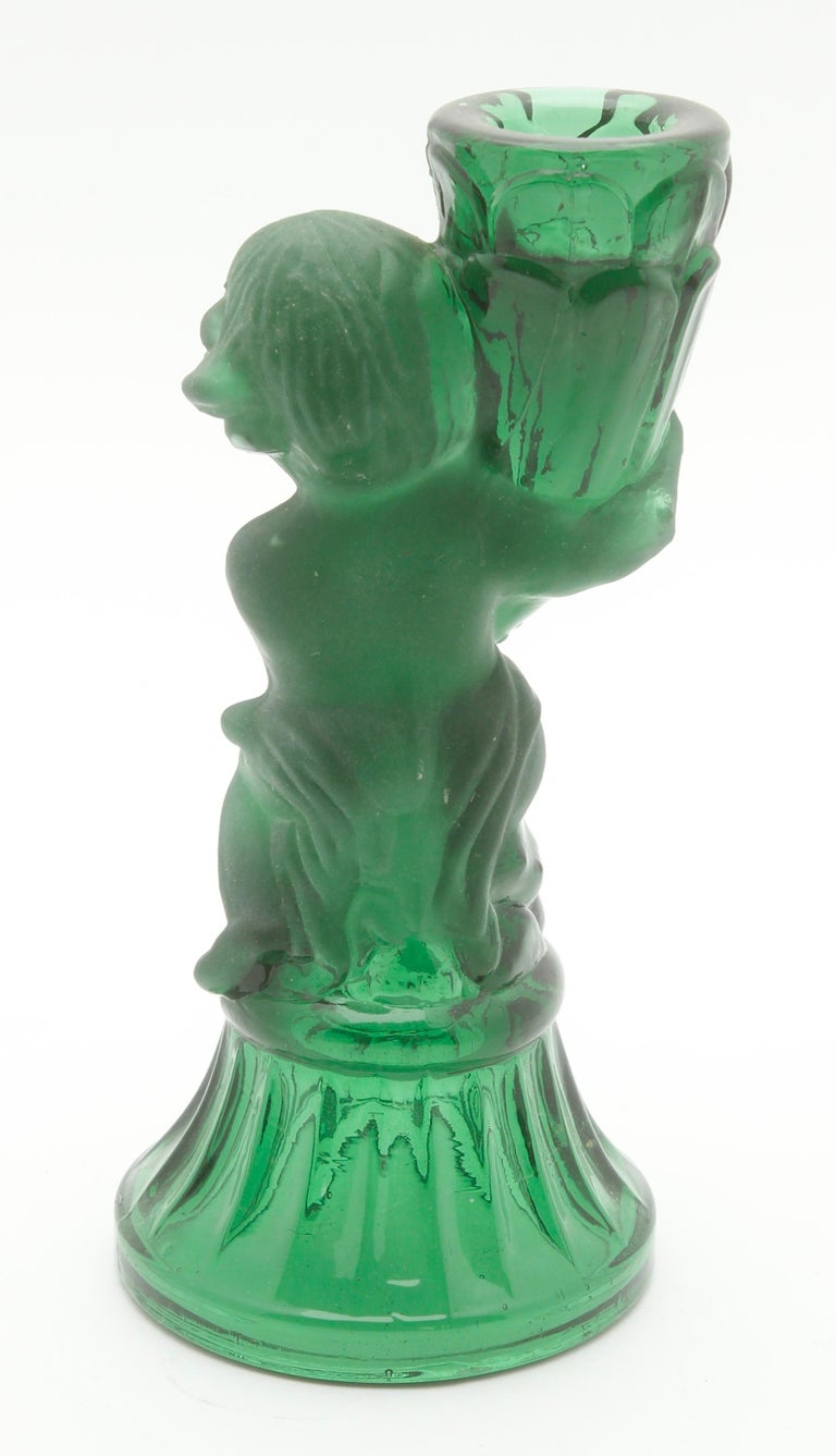 Pair of Vintage Pressed Glass Candle Holders with Figural Cherubs For