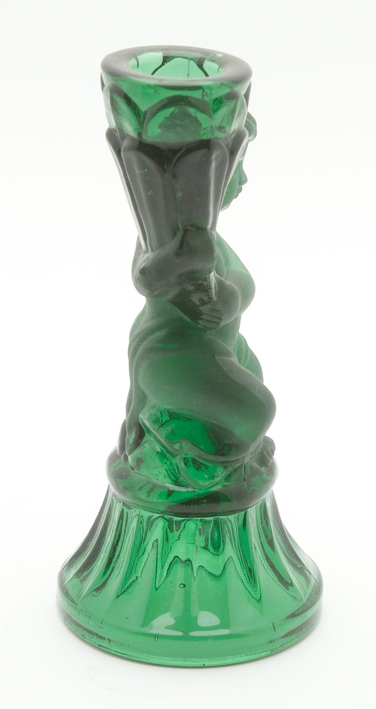 Pair of Vintage Pressed Glass Candle Holders with Figural Cherubs For