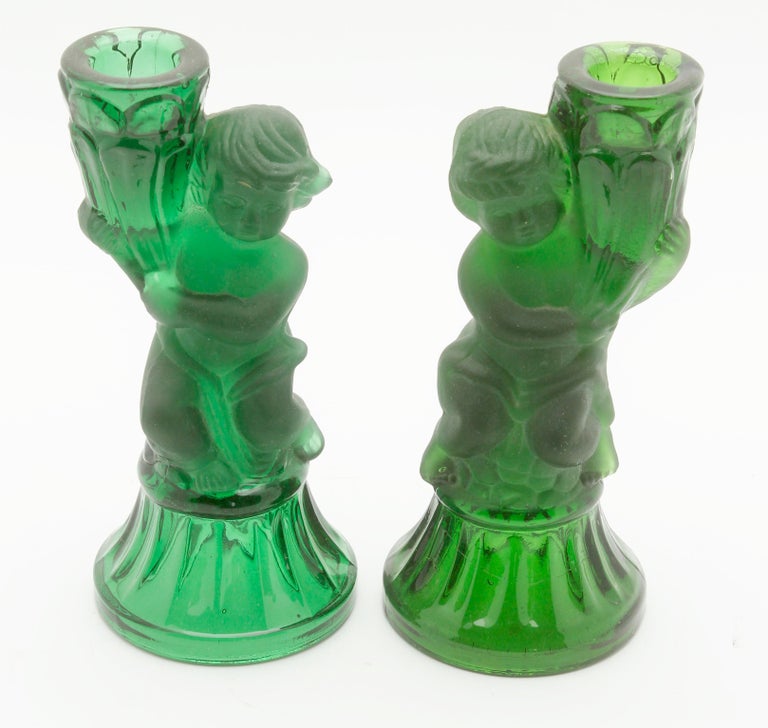 Pair of Vintage Pressed Glass Candle Holders with Figural Cherubs For