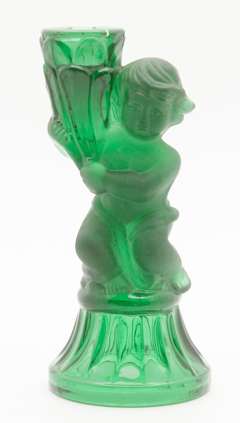 Pair of Vintage Pressed Glass Candle Holders with Figural Cherubs For