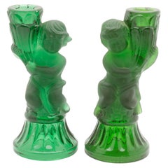 Pair of Vintage Pressed Glass Candle Holders with Figural Cherubs