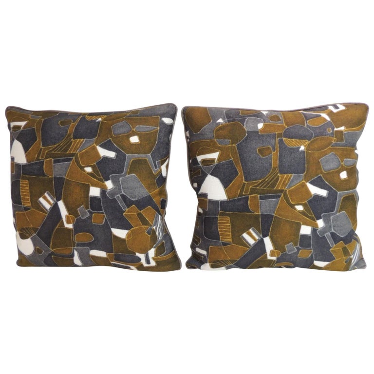 Pair Of Vintage Printed Blue And Grey Square Decorative Pillows