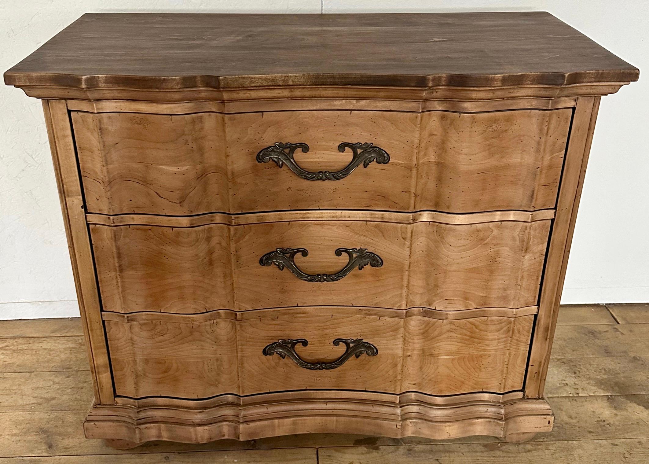 The pair of dressers are In the French Louis XV country Provincial style with serpentine fronts Each chest has 3 full size pullout dovetail drawers. Made in the USA in the highest quality of workmanship. 
Search terms: Louis XV Provincial style,