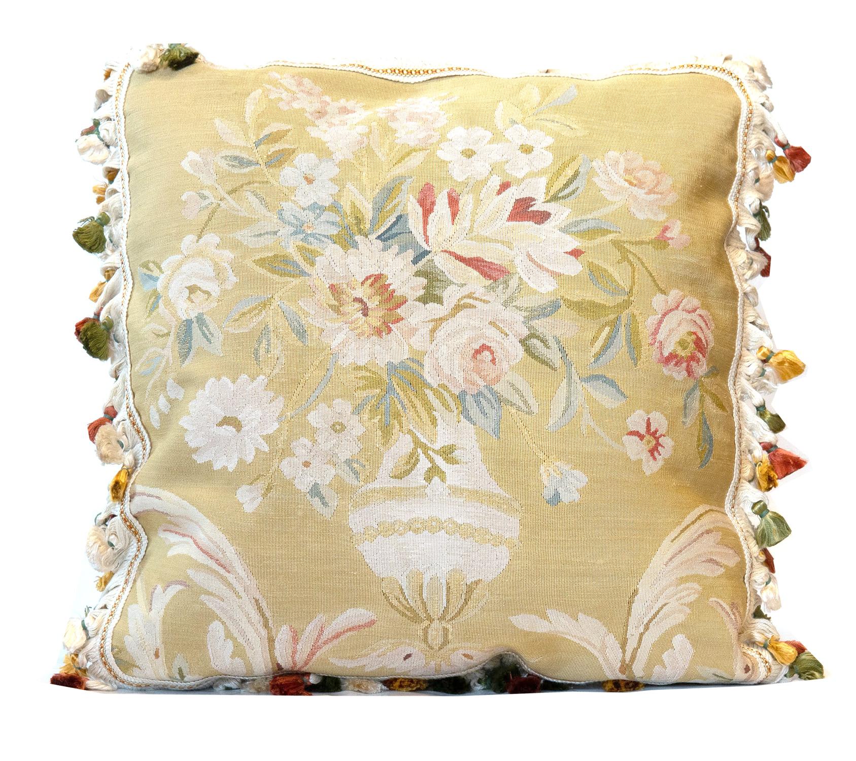 Chinese Vintage Pure Silk Cushion Covers Pair of Handmade Floral Aubusson Pillows Cases For Sale