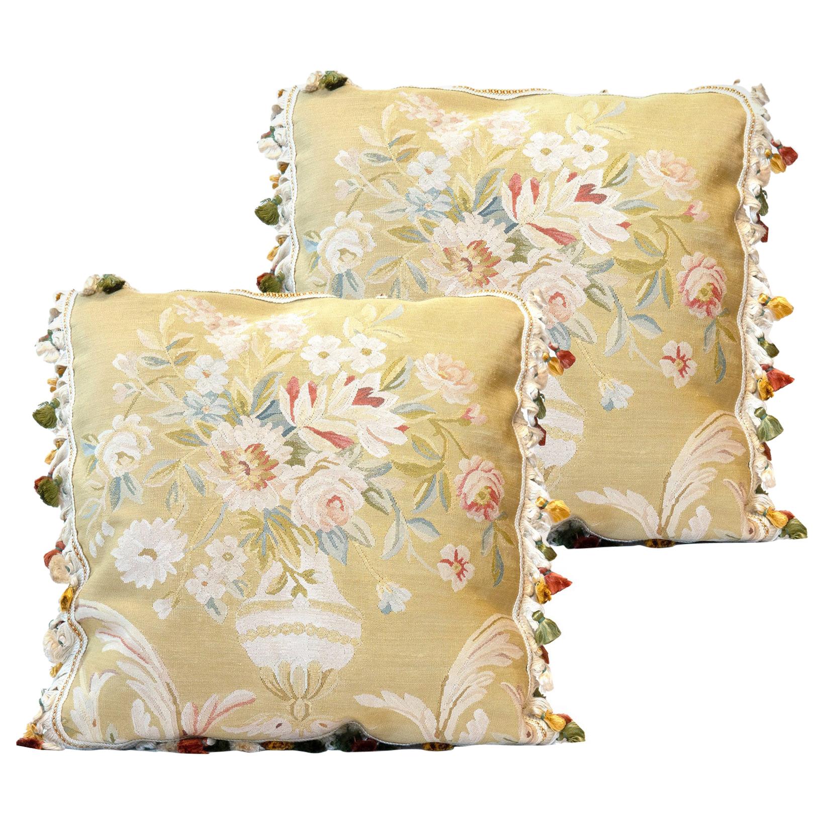 Vintage Pure Silk Cushion Covers Pair of Handmade Floral Aubusson Pillows Cases
