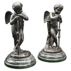 Pair Of Retro Putti Figures, French, Bronze, Marble, Cupid Ornament, Art Deco