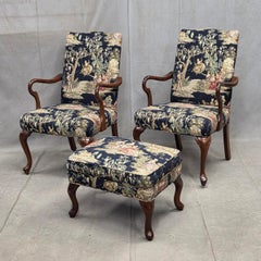 Pair of Vintage Queen Anne Chairs and Ottoman with Black Toile Upholstery