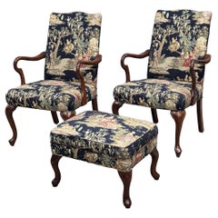 Pair of Vintage Queen Anne Chairs and Ottoman with Black Toile Upholstery Pair of Vintage Queen Anne Chairs and Ottoman with Black Toile Upholstery
