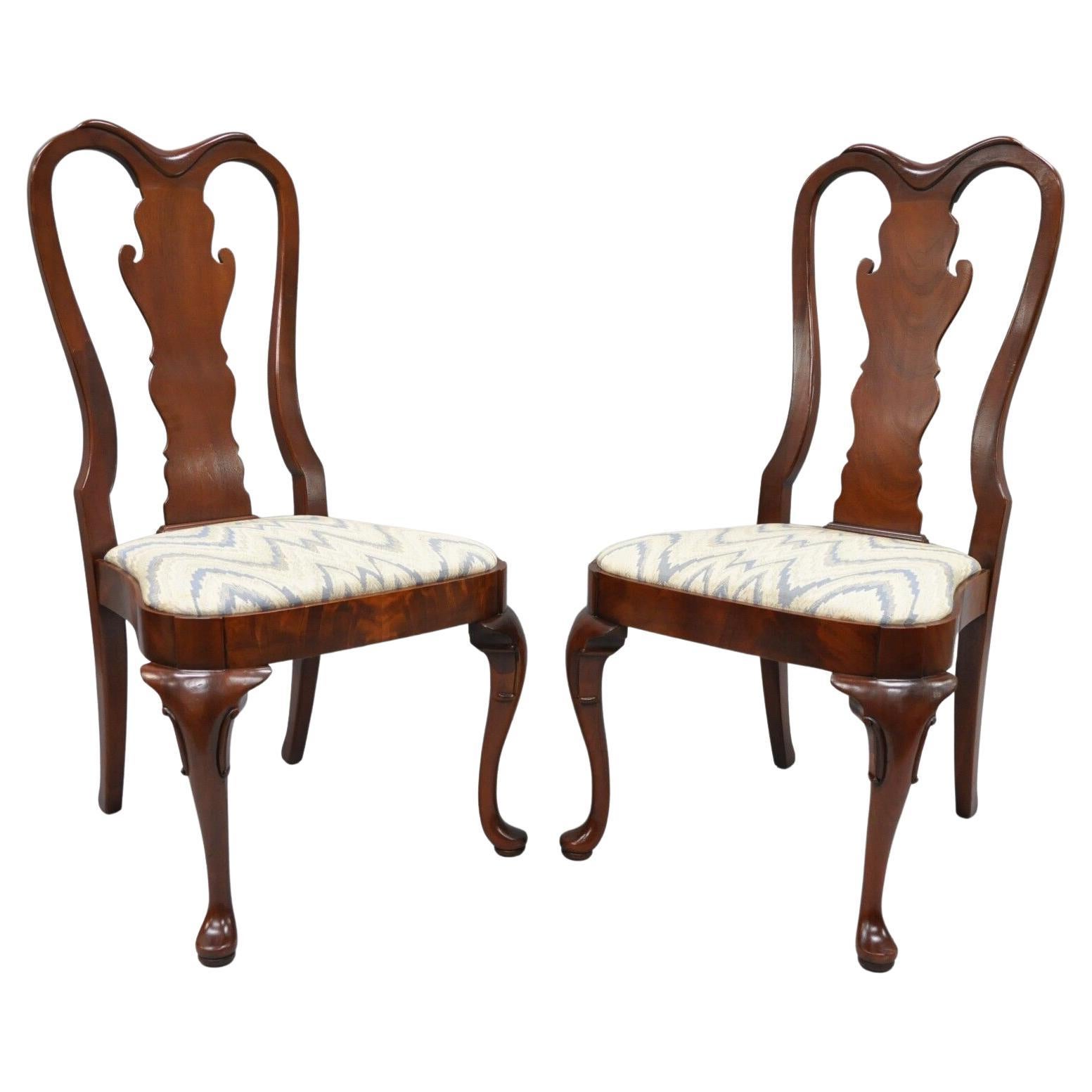 Pair of Vintage Queen Anne Style Crotch Mahogany Dining Room Side Chairs For Sale