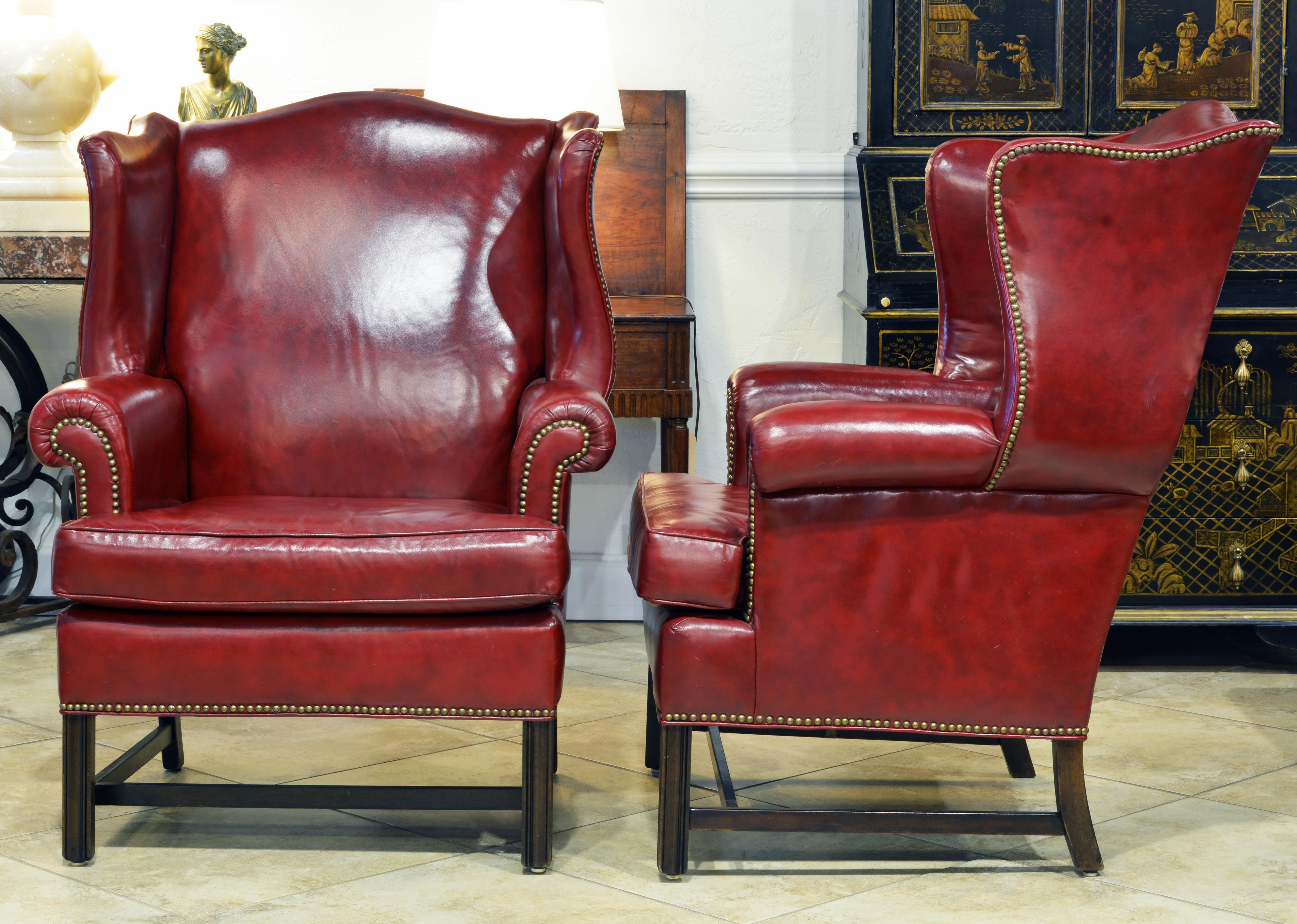 Queen Anne Pair of Vintage Chippendale  Style Nail-Head Trimmed Leather Wing Back Chairs