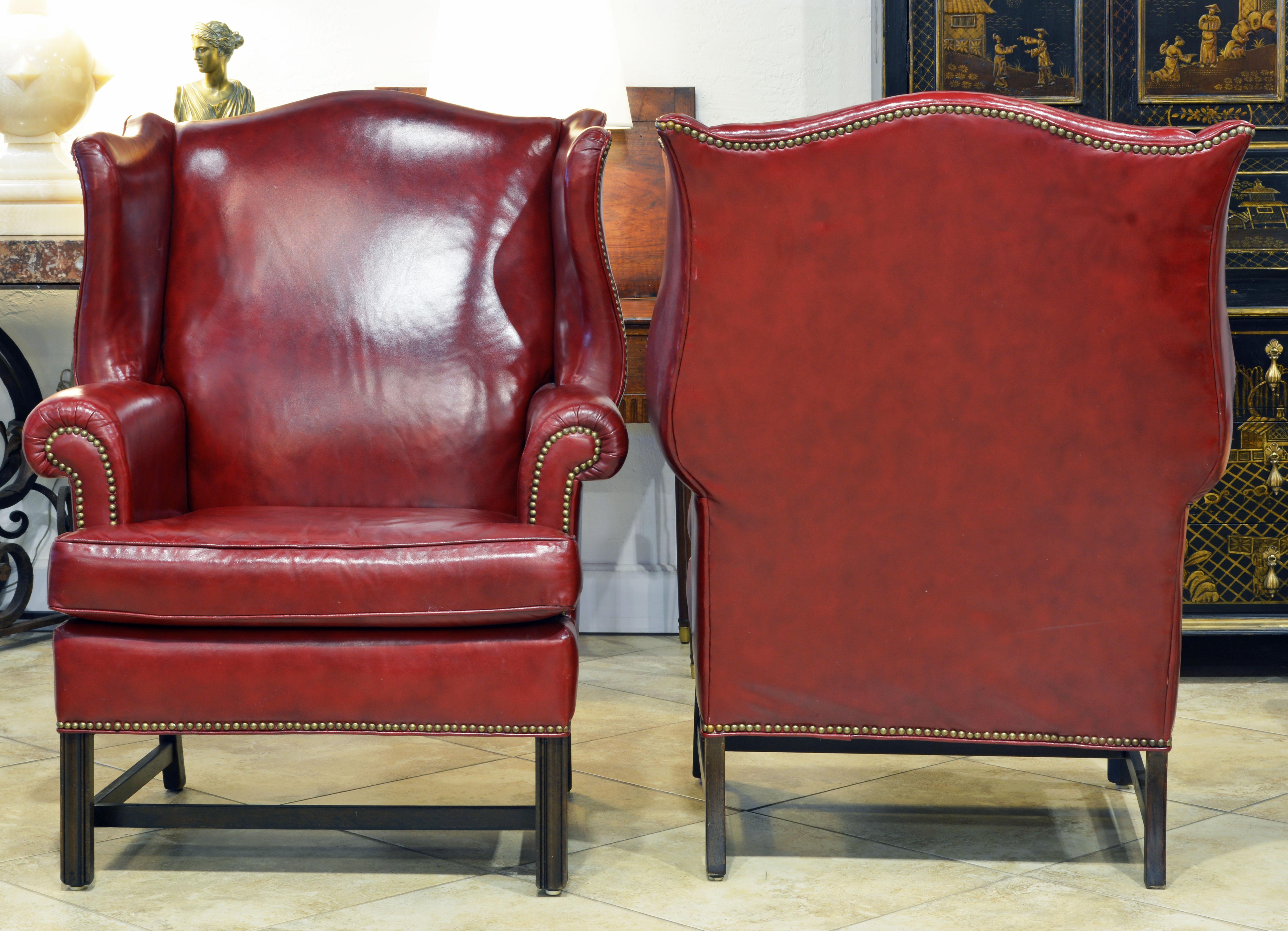 English Pair of Vintage Chippendale  Style Nail-Head Trimmed Leather Wing Back Chairs