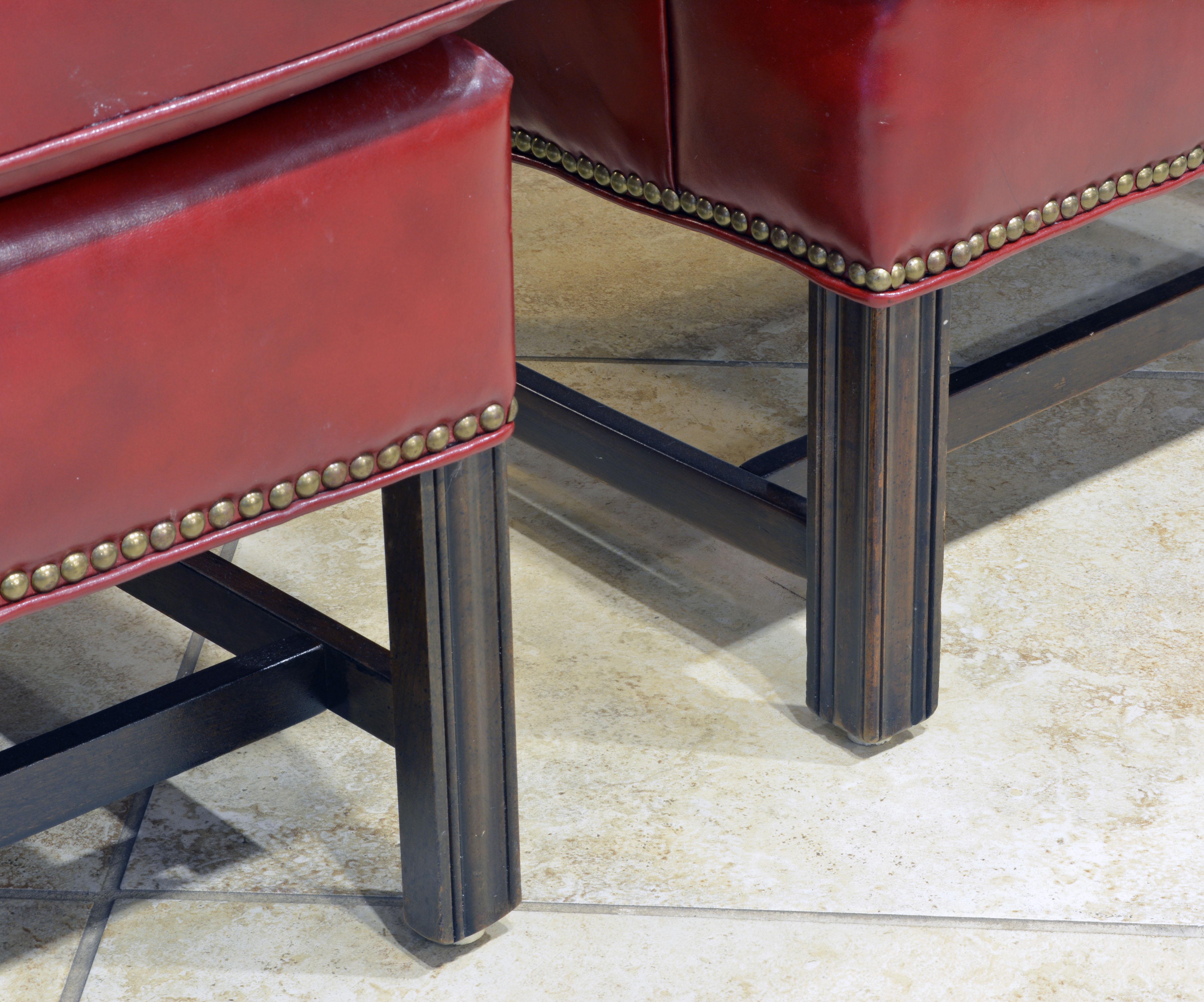 20th Century Pair of Vintage Chippendale  Style Nail-Head Trimmed Leather Wing Back Chairs