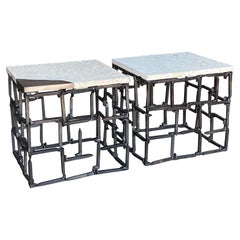 Pair of Vintage Railroad Spike Tables with Stone and Bronze Tops by Dos Gallos S