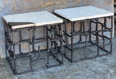 Pair of Vintage Railroad Spike Tables with Stone and Bronze Tops by Dos Gallos S