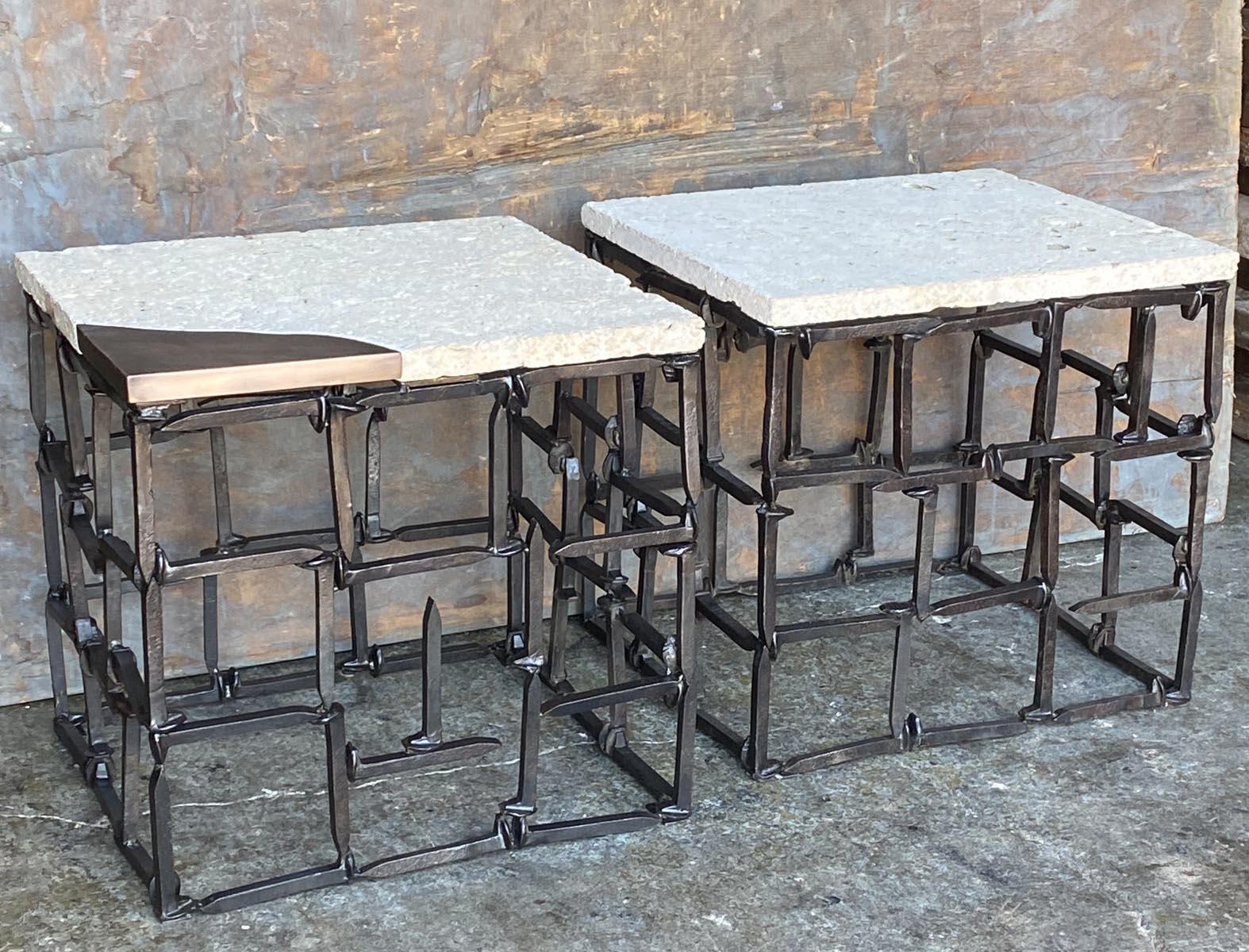 Pair of Vintage Railroad Spike Tables with Stone and Bronze Tops by Dos Gallos S In Good Condition For Sale In Los Angeles, CA
