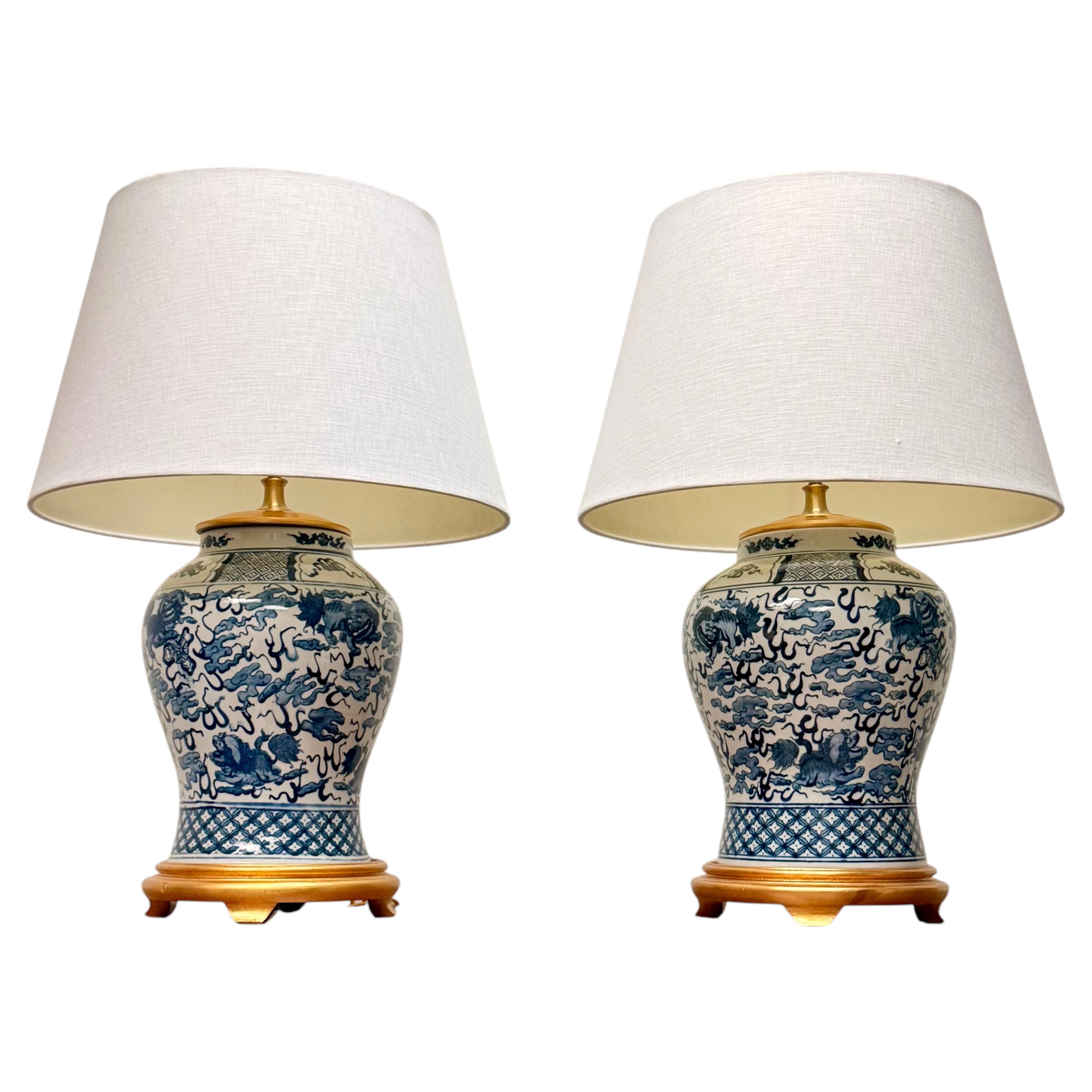 Pair of Vintage Ralph Lauren Blue .& White Foo Dog Lamps