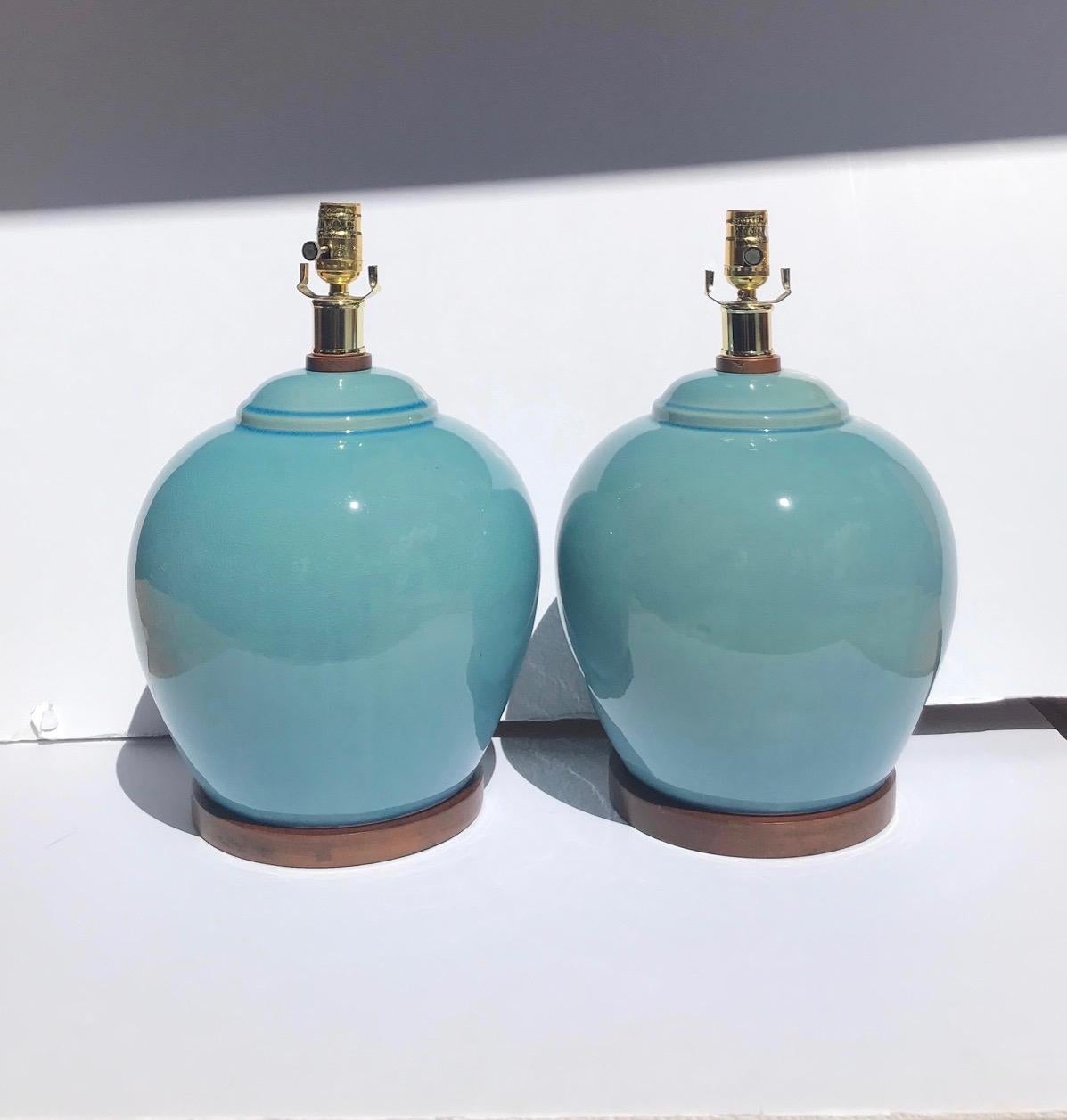 Pair of Vintage Ralph Lauren Chinese Pottery Lamps in Robin's Egg Blue 2