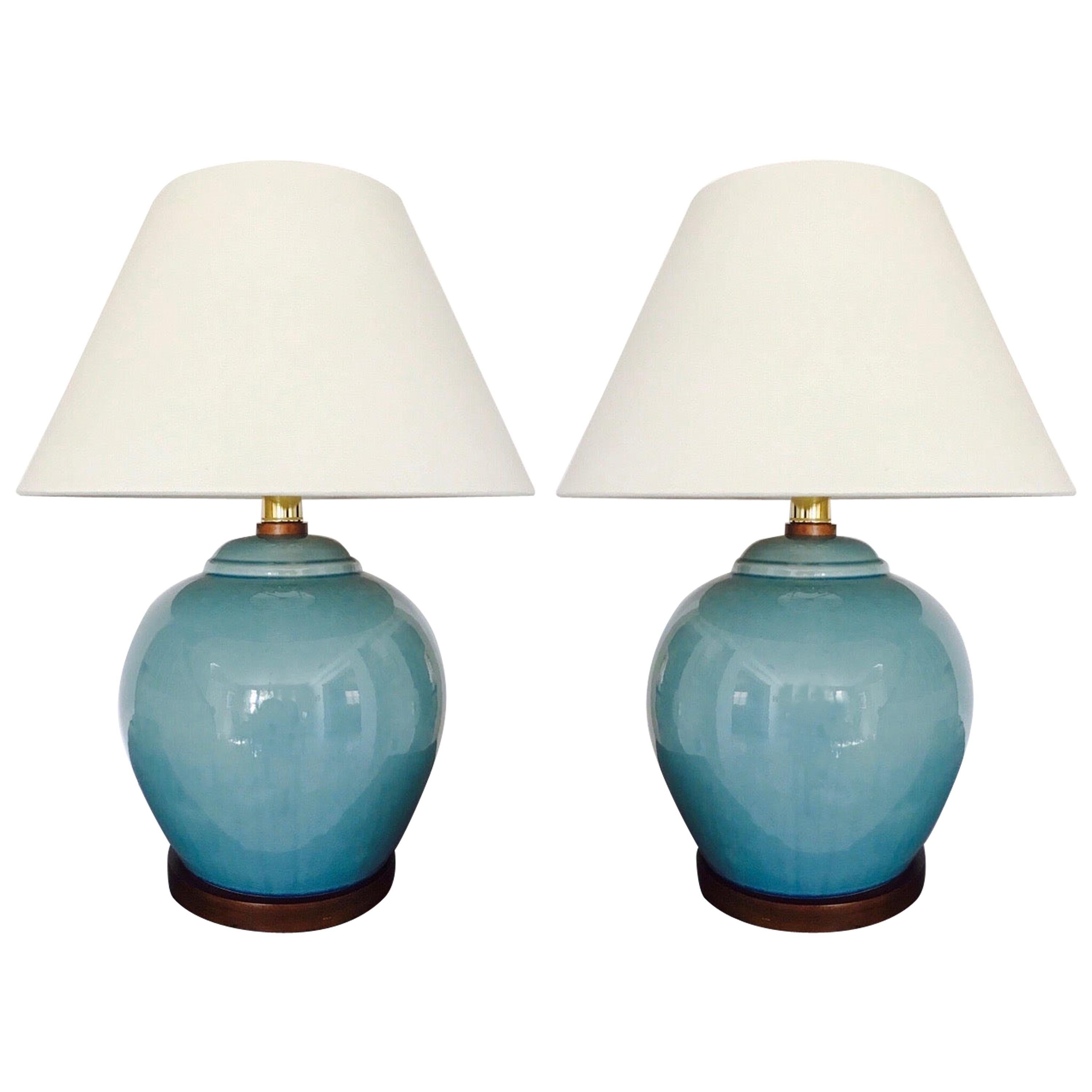 Pair of Vintage Ralph Lauren Chinese Pottery Lamps in Robin's Egg Blue