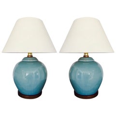 Pair of Vintage Ralph Lauren Chinese Pottery Lamps in Robin's Egg Blue