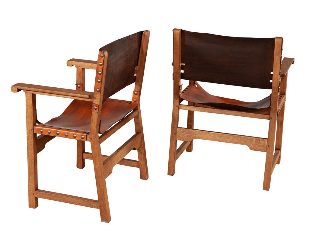 Pair of Vintage Ralph Lauren Leather Oak Campaign Arm Chairs In Good Condition In North York, ON