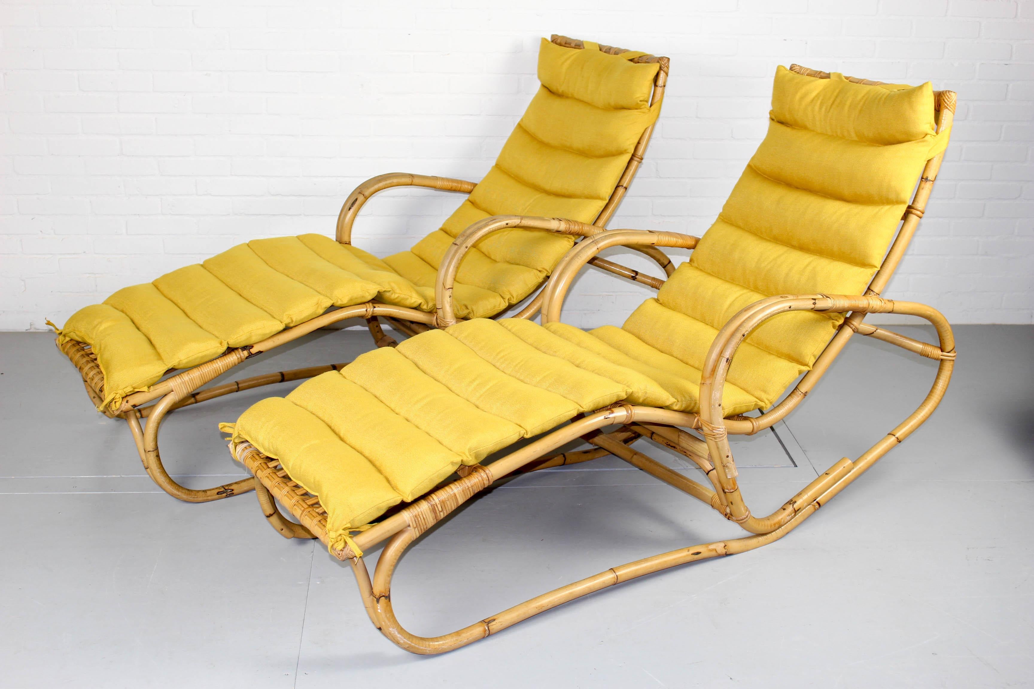 Pair of Vintage Rattan Bamboo Lounge Chairs, Chaisse Longue, 1960s 8