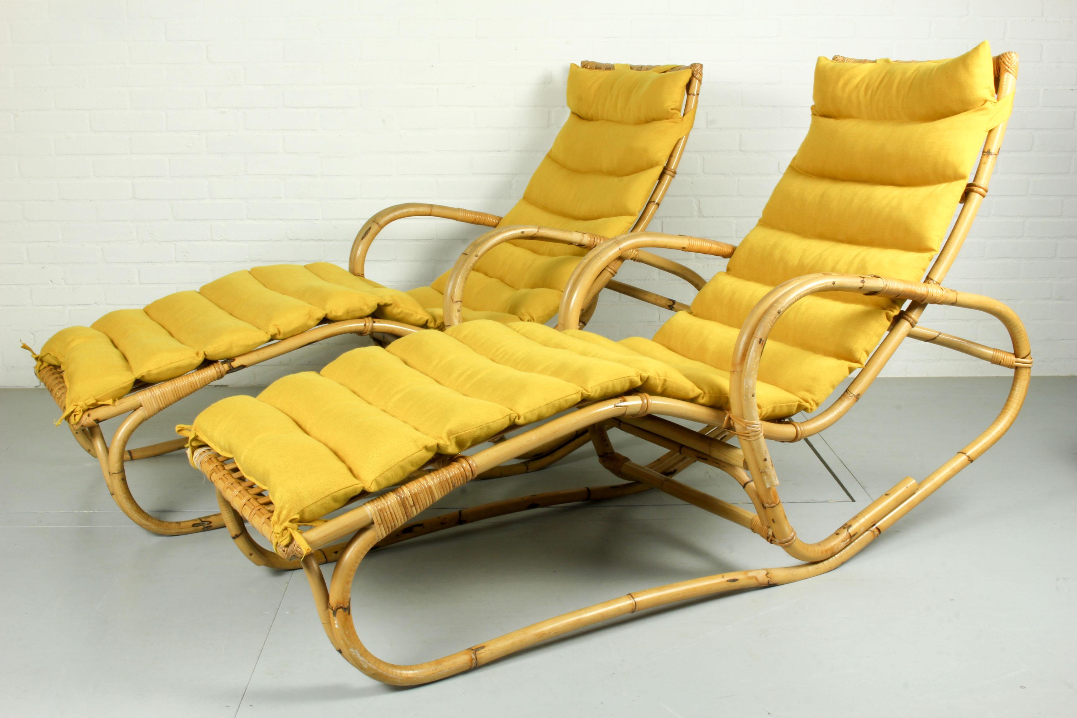 Pair of Vintage Rattan Bamboo Lounge Chairs, Chaisse Longue, 1960s 9