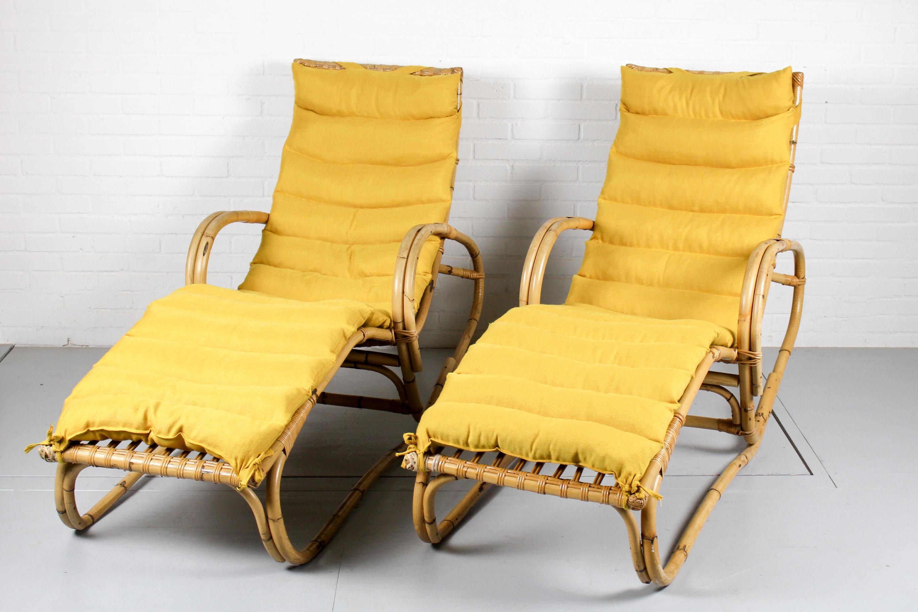 Pair of Vintage Rattan Bamboo Lounge Chairs, Chaisse Longue, 1960s 10