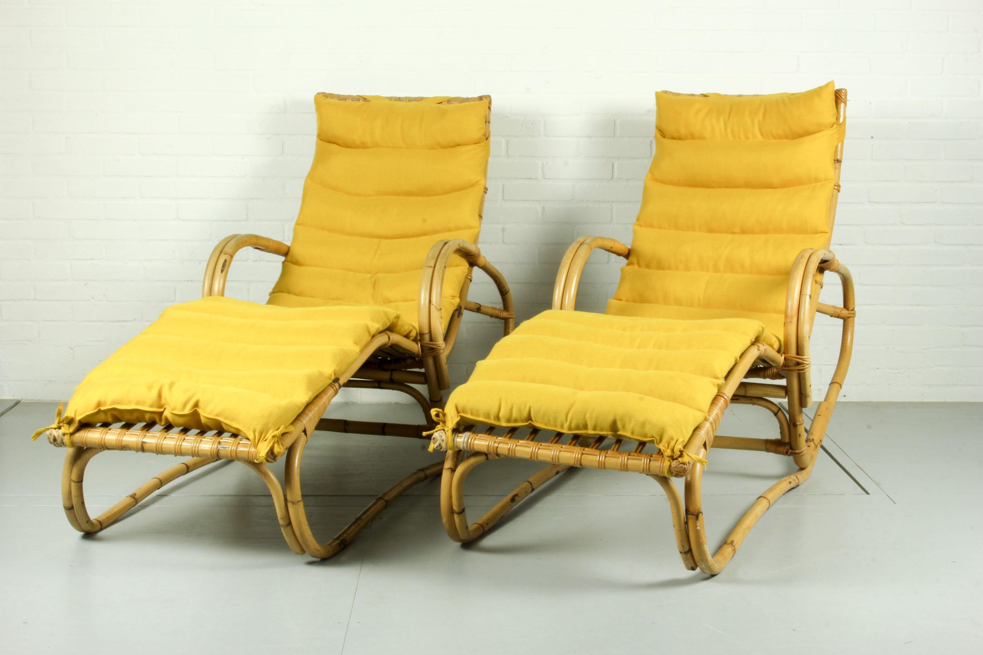 Pair of Vintage Rattan Bamboo Lounge Chairs, Chaisse Longue, 1960s 11