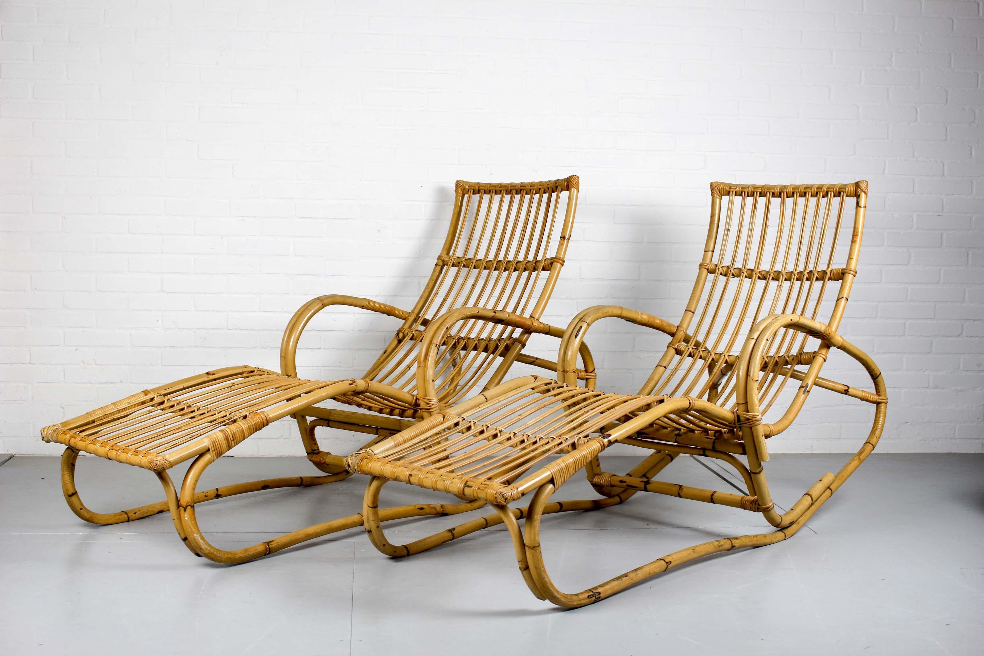 Pair of Vintage Rattan Bamboo Lounge Chairs, Chaisse Longue, 1960s 12