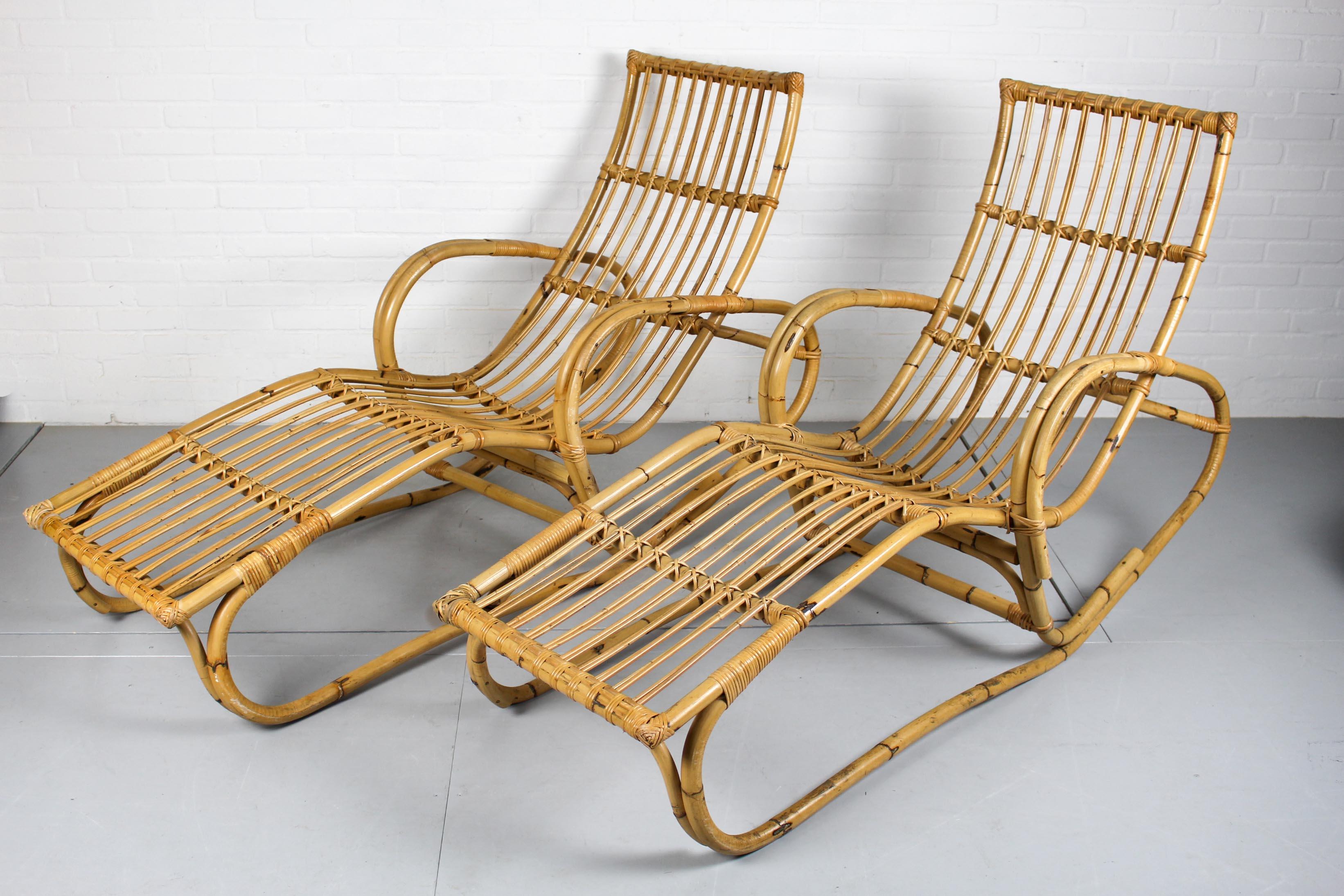 Pair of Vintage Rattan Bamboo Lounge Chairs, Chaisse Longue, 1960s 13