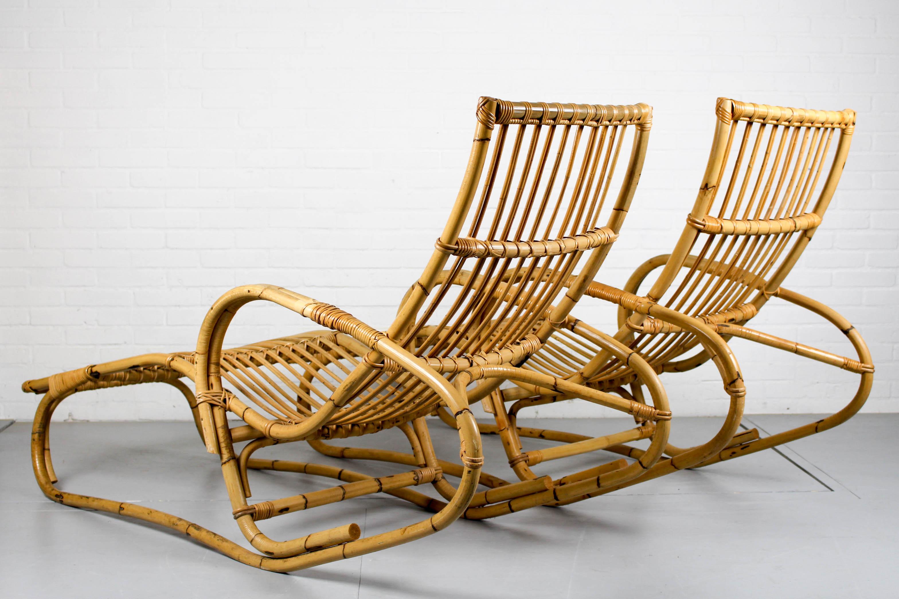 Pair of Vintage Rattan Bamboo Lounge Chairs, Chaisse Longue, 1960s 14